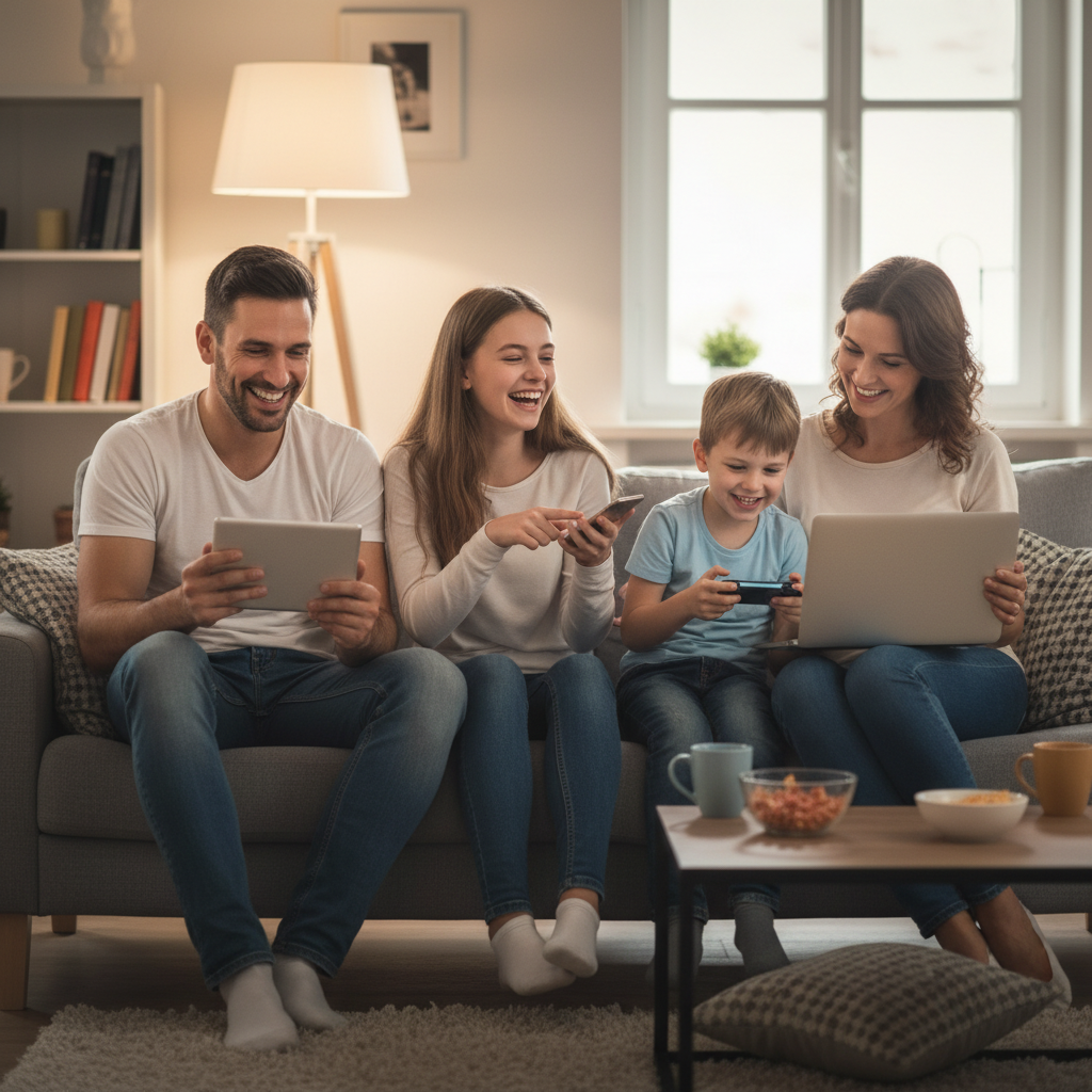 Family using devices